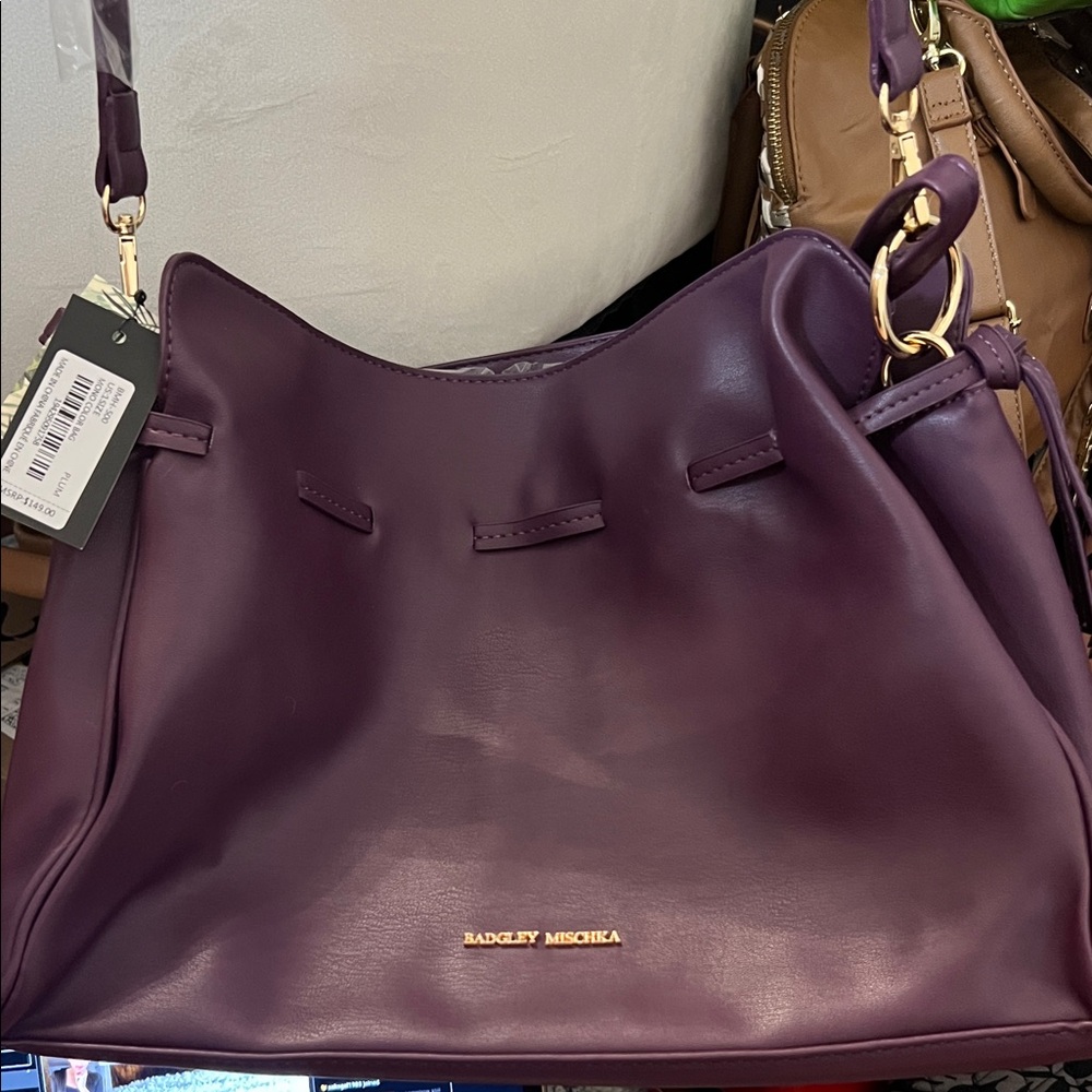 Badgley Mischka Drawstring Bucket Bag, Plum Vegan Leather, Goldtone NWT